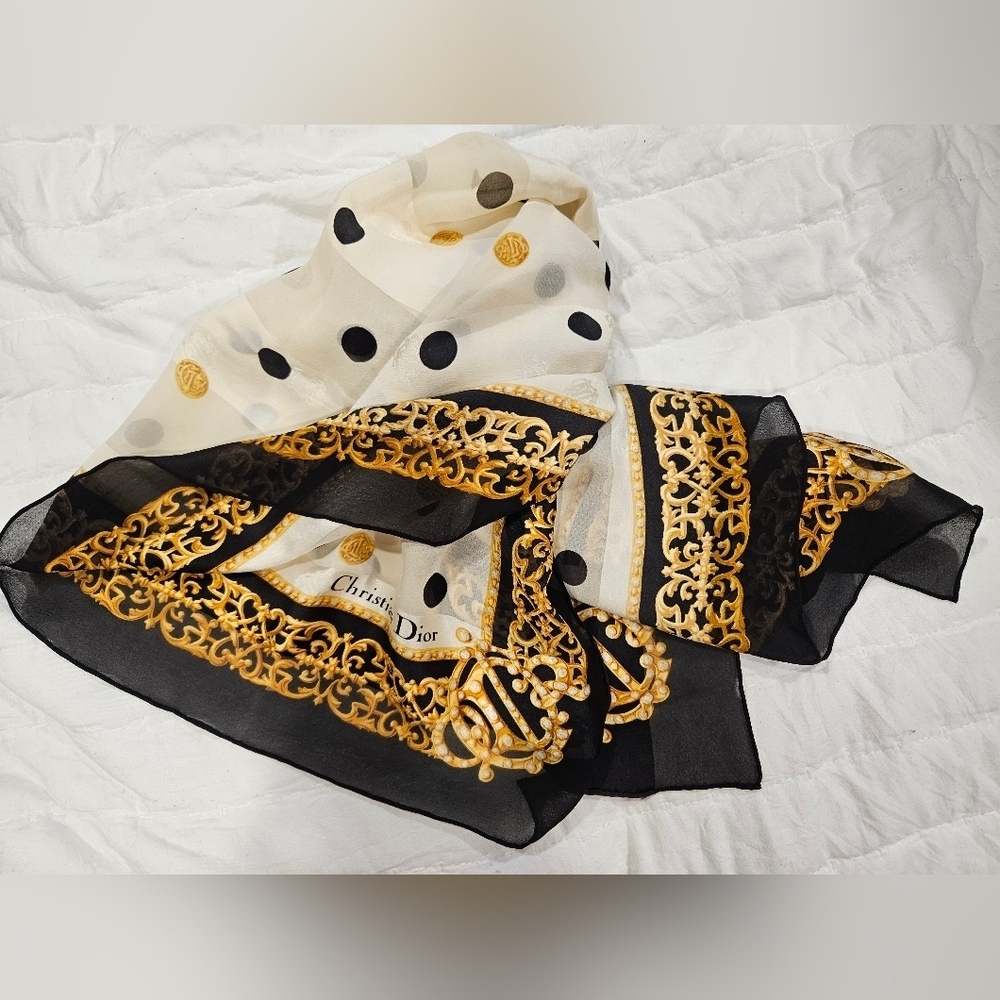 Christian Dior Vintage Emblem Logo Polka Dot Pattern Silk Scarf + Dior Hard Box - Picture 8 of 9